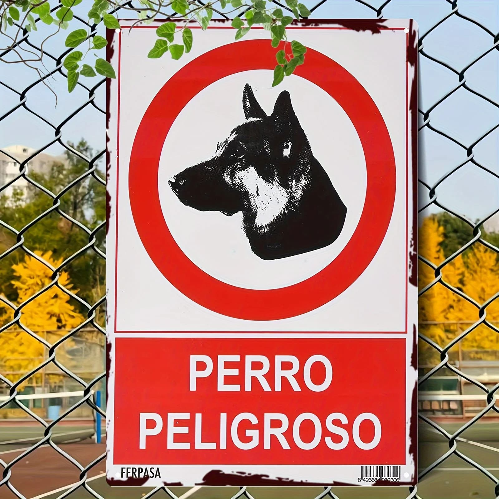 Panneau en métal « Avertissement Chien Dangereux » - Texte bilingue rouge et blanc espagnol/anglais,