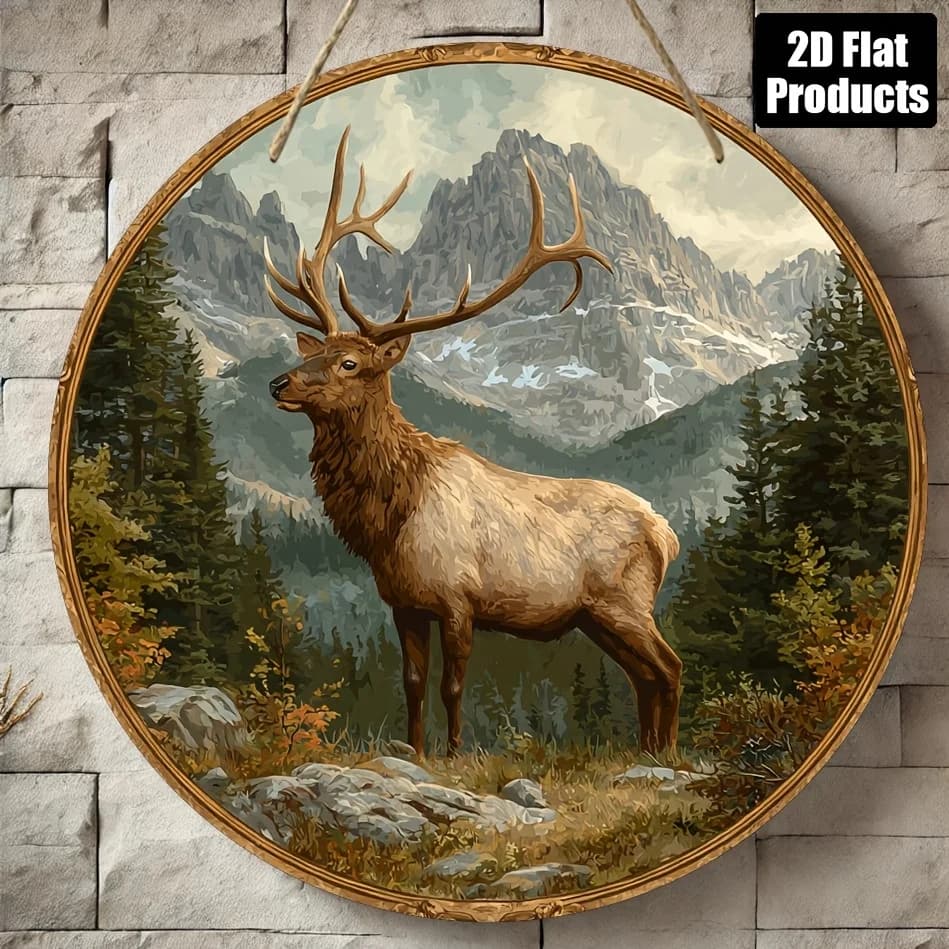 Plaque décorative en bois ronde 2D - 1 pièce | Thème Elk, adapté pour bar, cuisine, café, famille