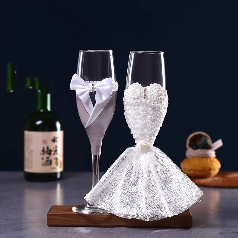 Verres à vin délicats pour mariage, verres à champagne style robe de mariée, verres romantiques pour