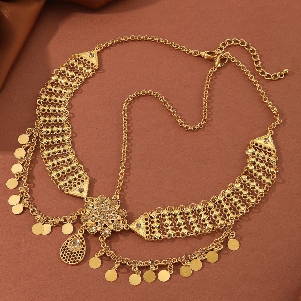 Chaîne de tête kurdeshan en alliage doré avec strass, fleurs et pampilles pour femme – Accessoire de