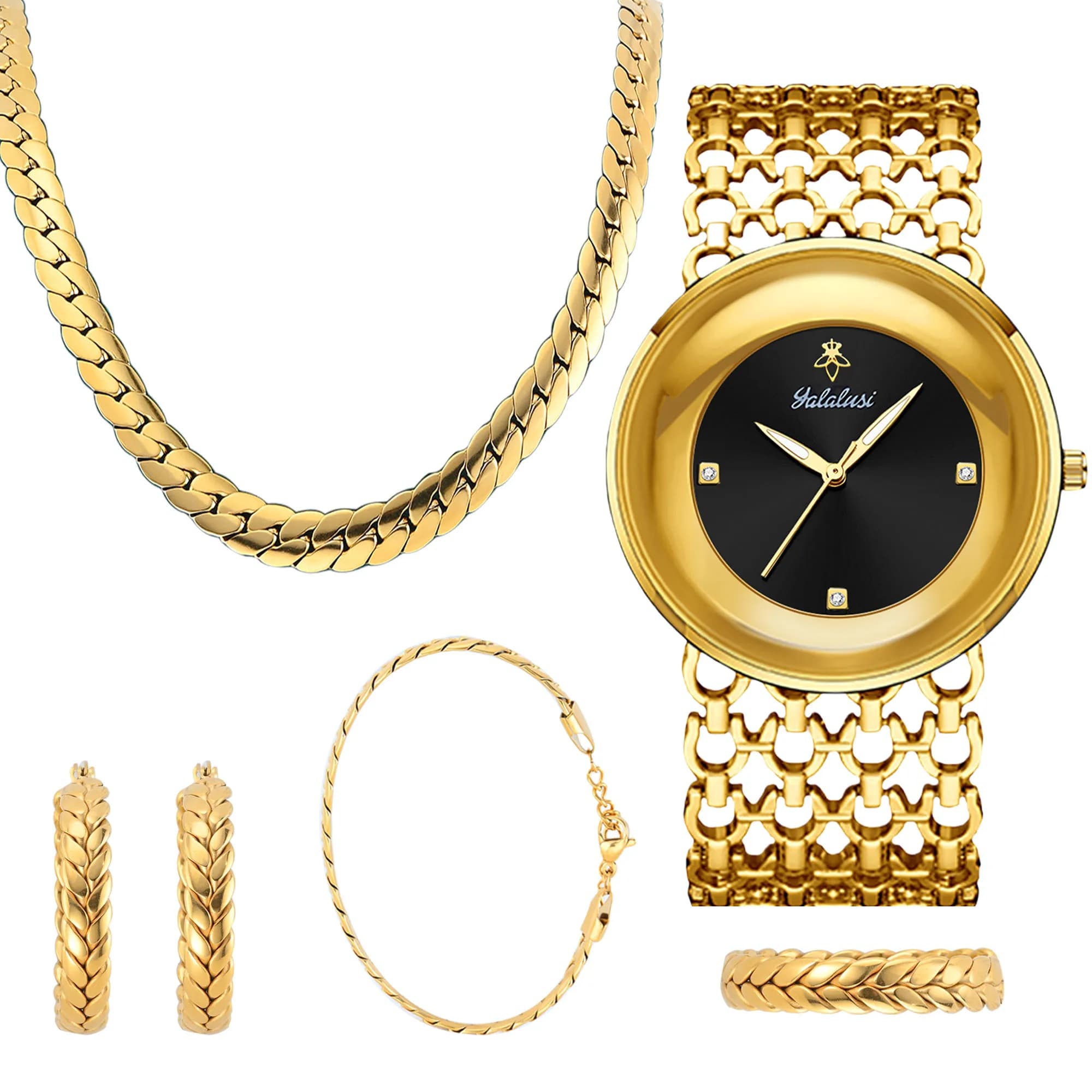 Ensemble de bijoux élégant pour femmes : bracelet, collier, bague, boucles d'oreilles et montre – un