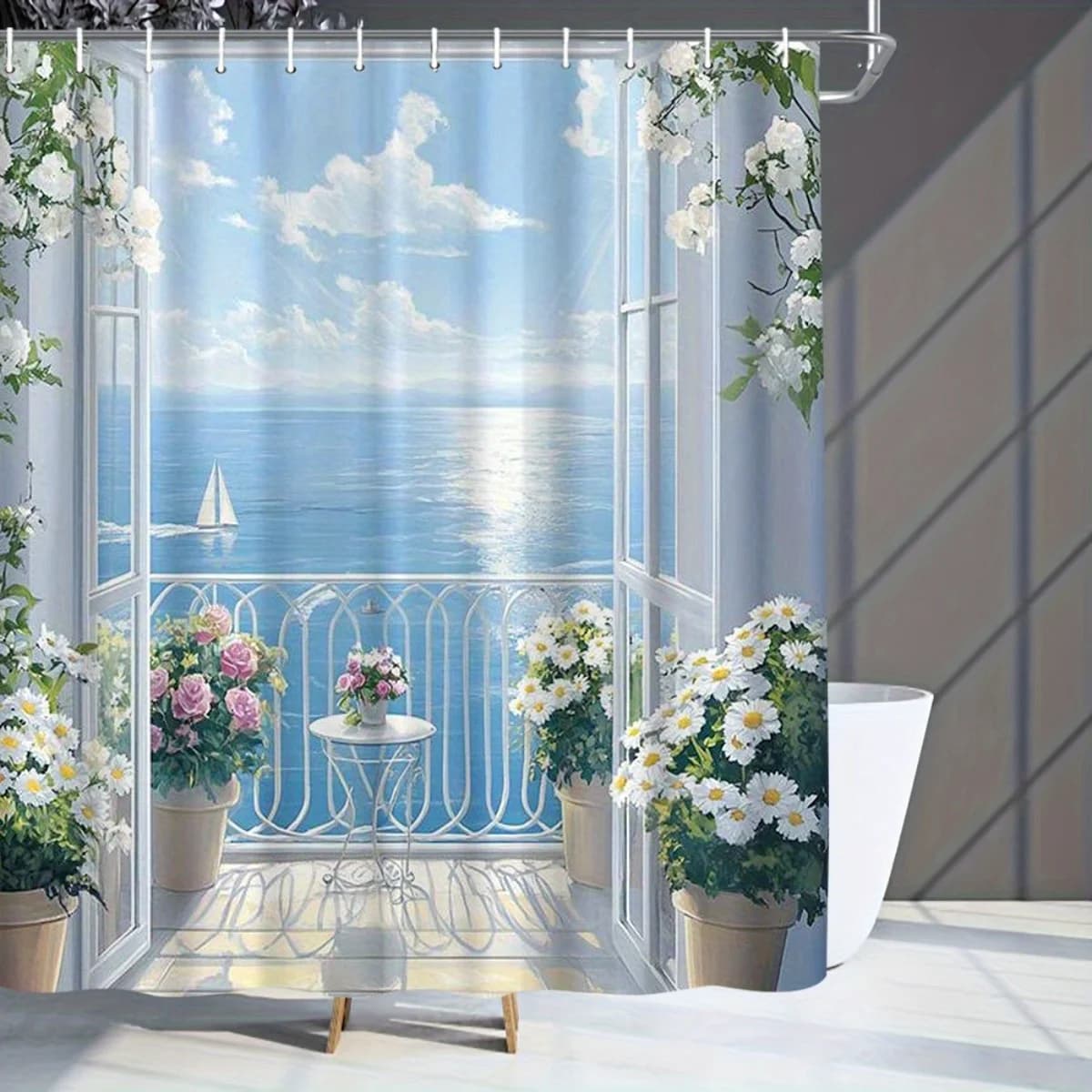 Rideau de douche en Polyester avec vue sur la mer côtière, lavable en Machine avec 12 crochets pour 
