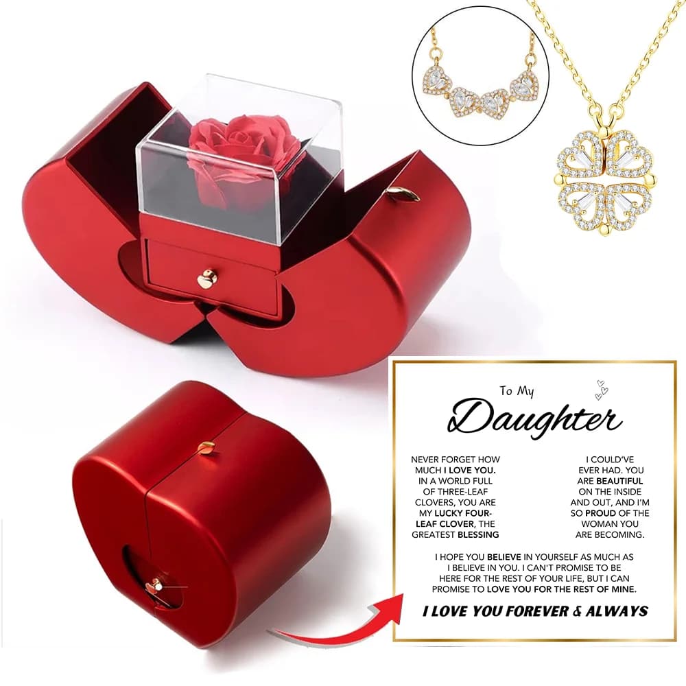 Collier trèfle à quatre feuilles pour ma fille, avec boîte à bijoux en forme de pomme, fleur de Rose