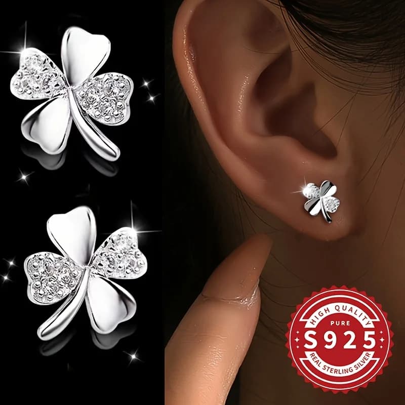 Paire de boucles d'oreilles pétales à quatre feuilles porte-bonheur brillantes pour femmes, argent 9