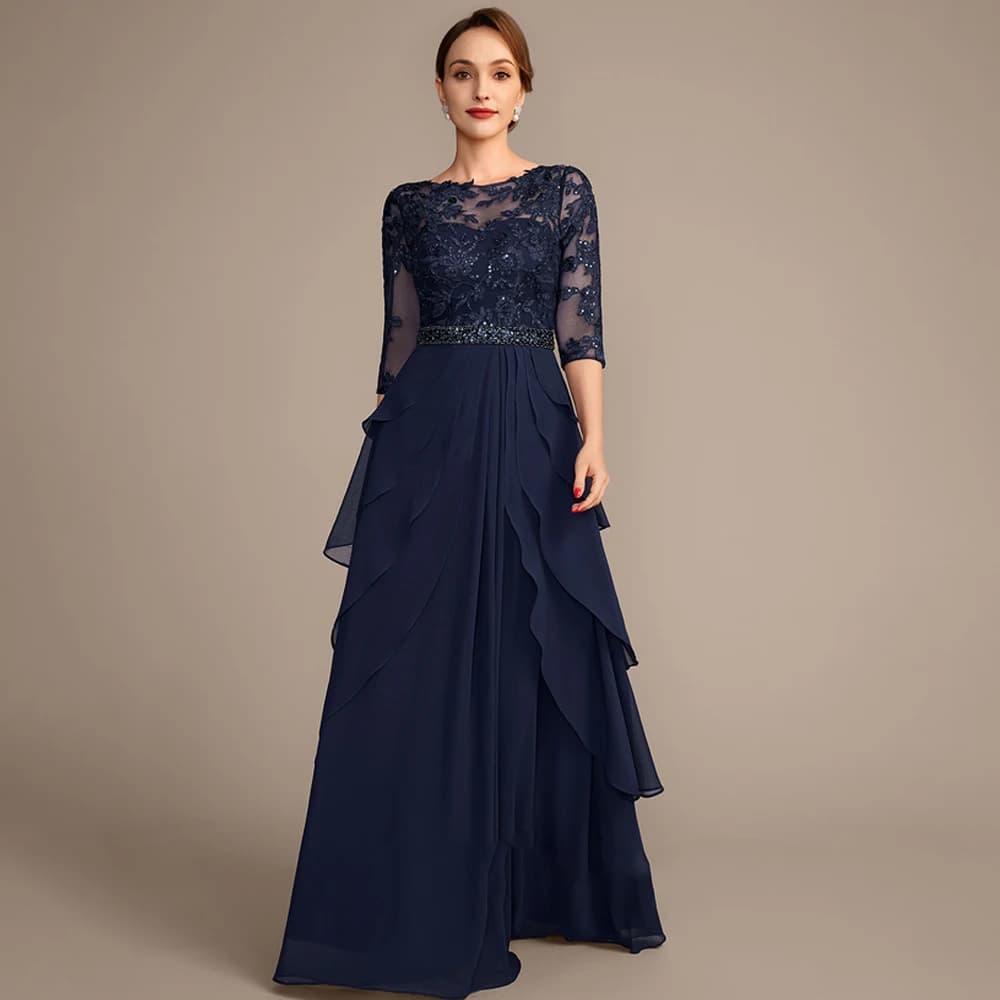 Robes de mère de la mariée bleu marine, manches 3/4, robes de soirée de mariage pour femmes, été, no