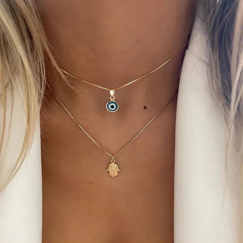 Collier porte-bonheur mauvais yeux bleus pour femmes et hommes, pendentif de paume Double couche tur