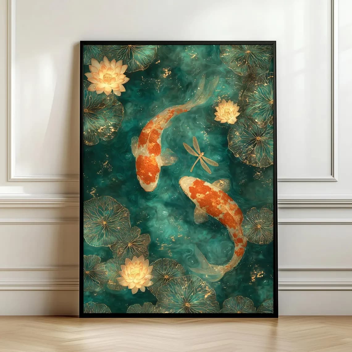 Art mural élégant avec poissons koï – Décoration de bassin vert émeraude, peinture zen asiatique, lo