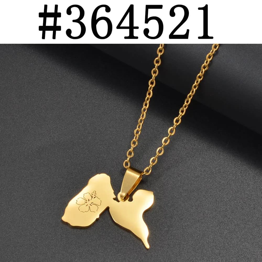 Anniyo Guadeloupe carte Hibiscus fleur pendentif colliers pour femmes bijoux France Guadeloupe @ 364