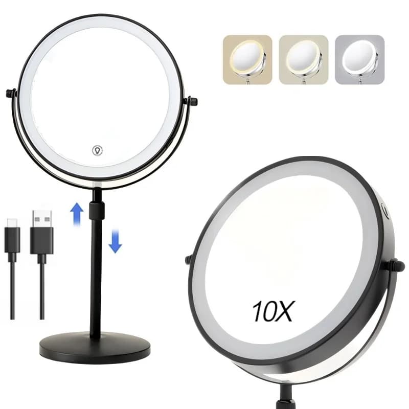 Miroir de maquillage éclairé de 8 pouces, réglable en hauteur, rechargeable, double face, grossissem