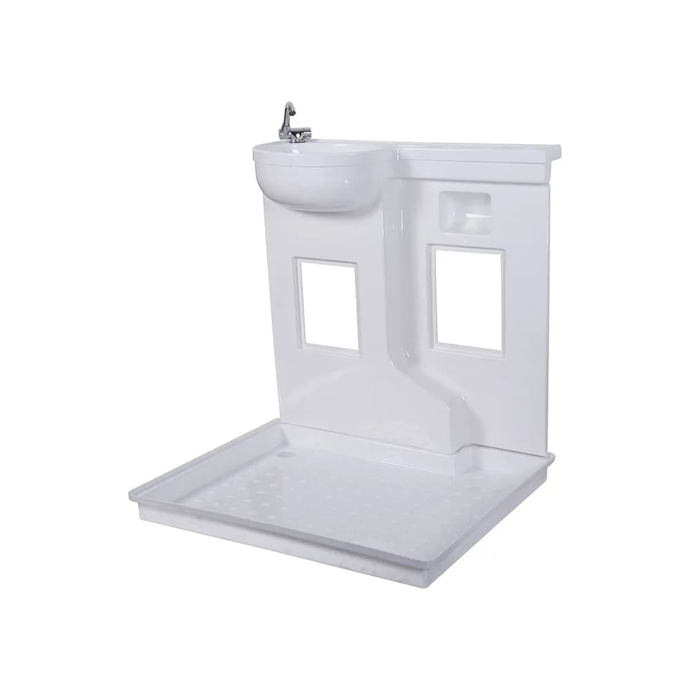 Lavabo de salle de bain d'hôtel, dessus rectangulaire, style boîte blanche, base moderne emballée à