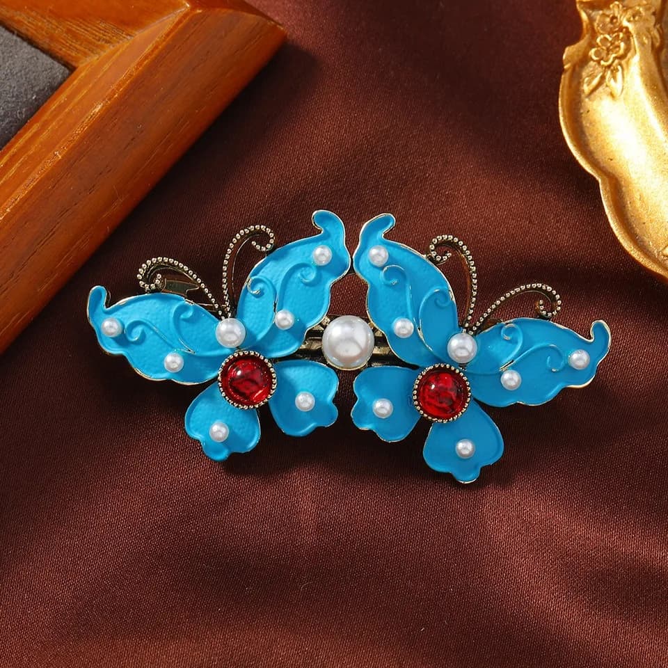 Barrette à cheveux en émail de style chinois exquis, motif floral, perle, élégance orientale parfait