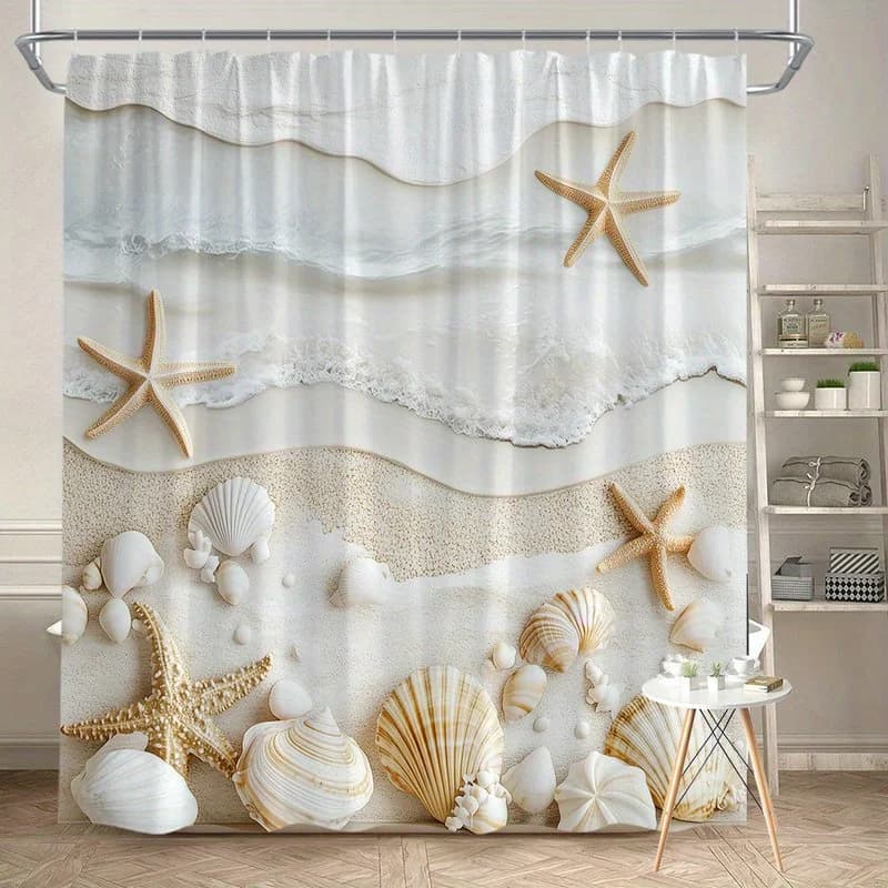 Rideau de douche de plage 180x180cm – Vagues côtières, rivage sablonneux et coquillages dans des ton