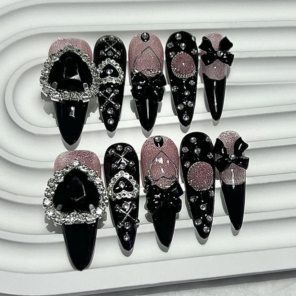 10 pièces Y2K Gyaru Kei noir rose longue pointe à la main presse sur les ongles Jirai arc amour diam