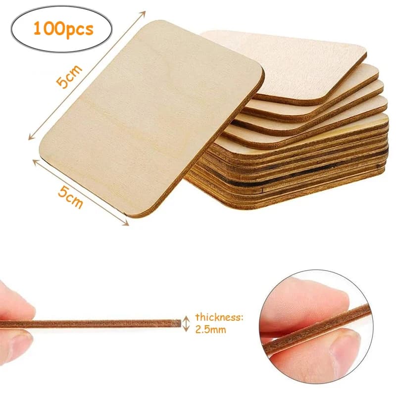Pièces carrées en bois vierge inachevé de 5cm, 100 pièces, tranches de copeaux de bois, embellisseme