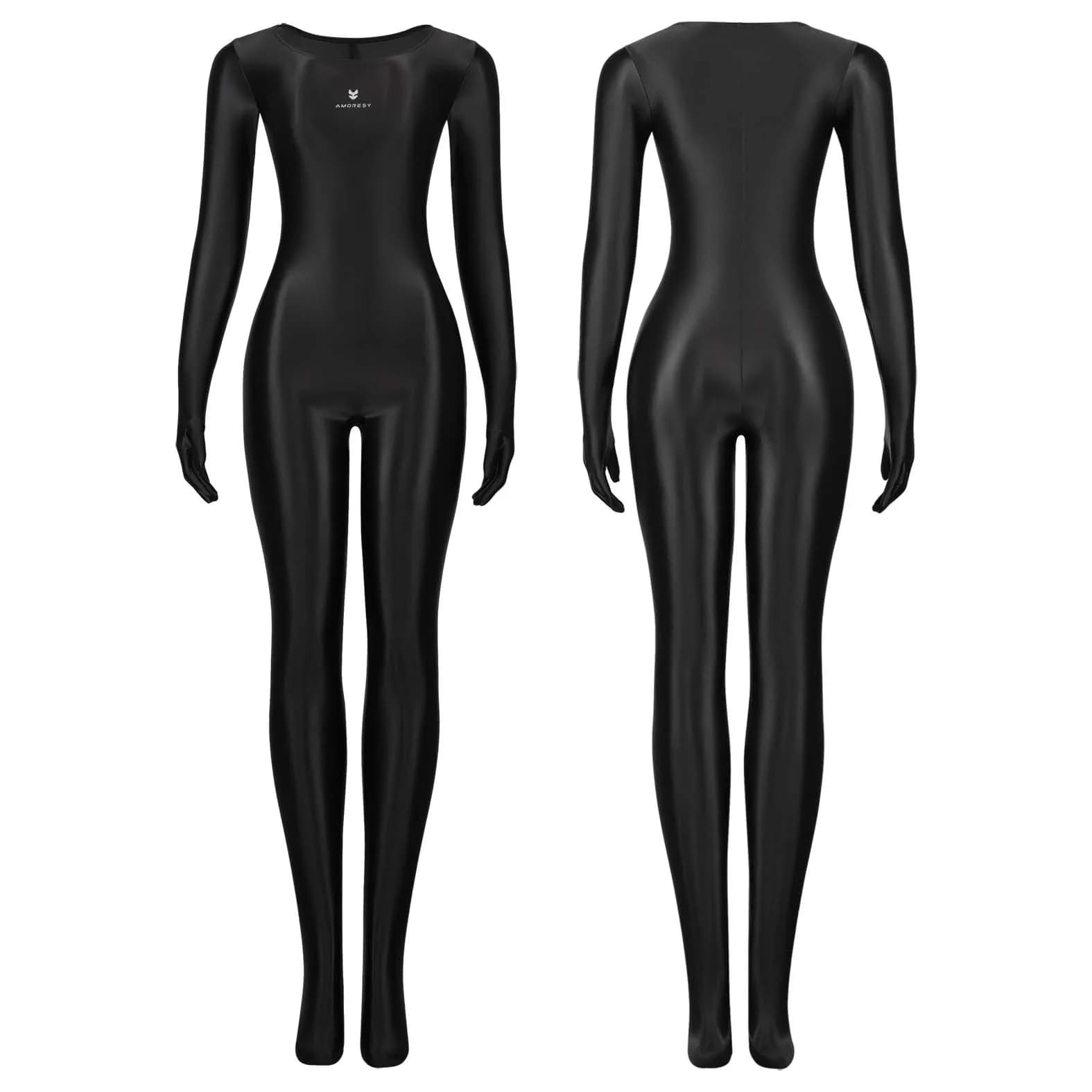 Combinaison intégrale colorée en spandex brillant effet huile avec gants, ajustée et moulante, pour 