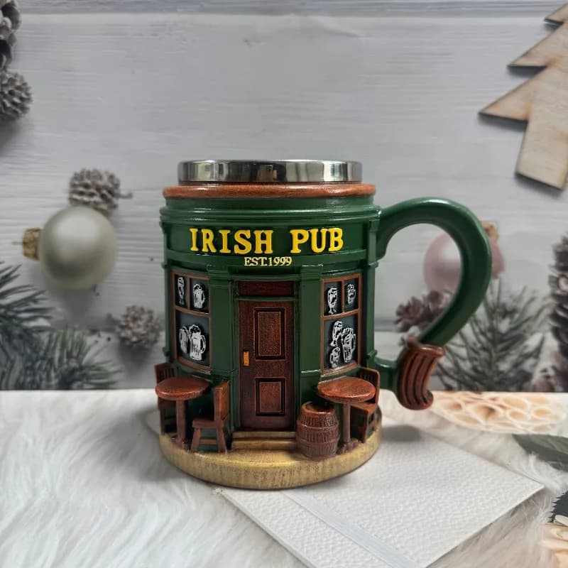 Mug en acier inoxydable à motif de pub irlandais 3D - Ornement artisanal en résine pour bar à domici