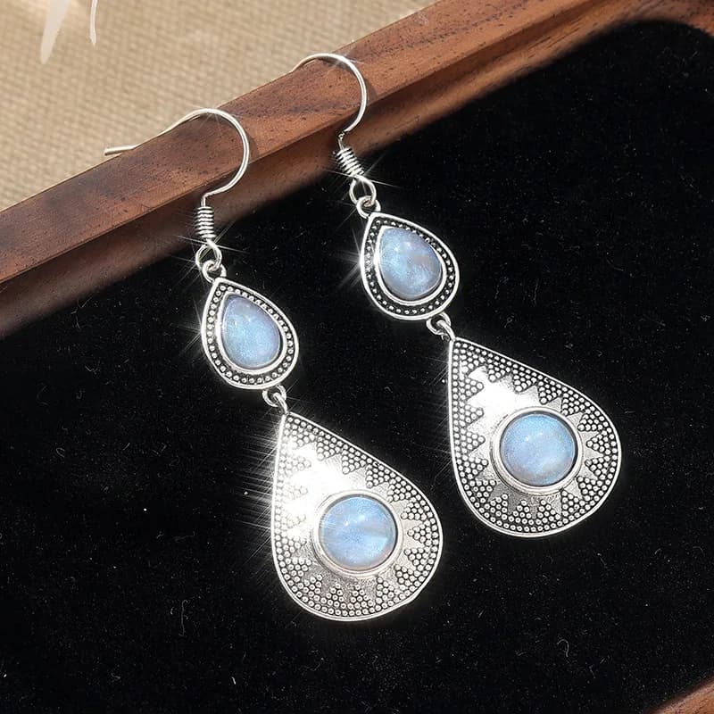 Boucles d'oreilles pendantes vintage style bohème en pierre de lune synthétique argentée, élégantes