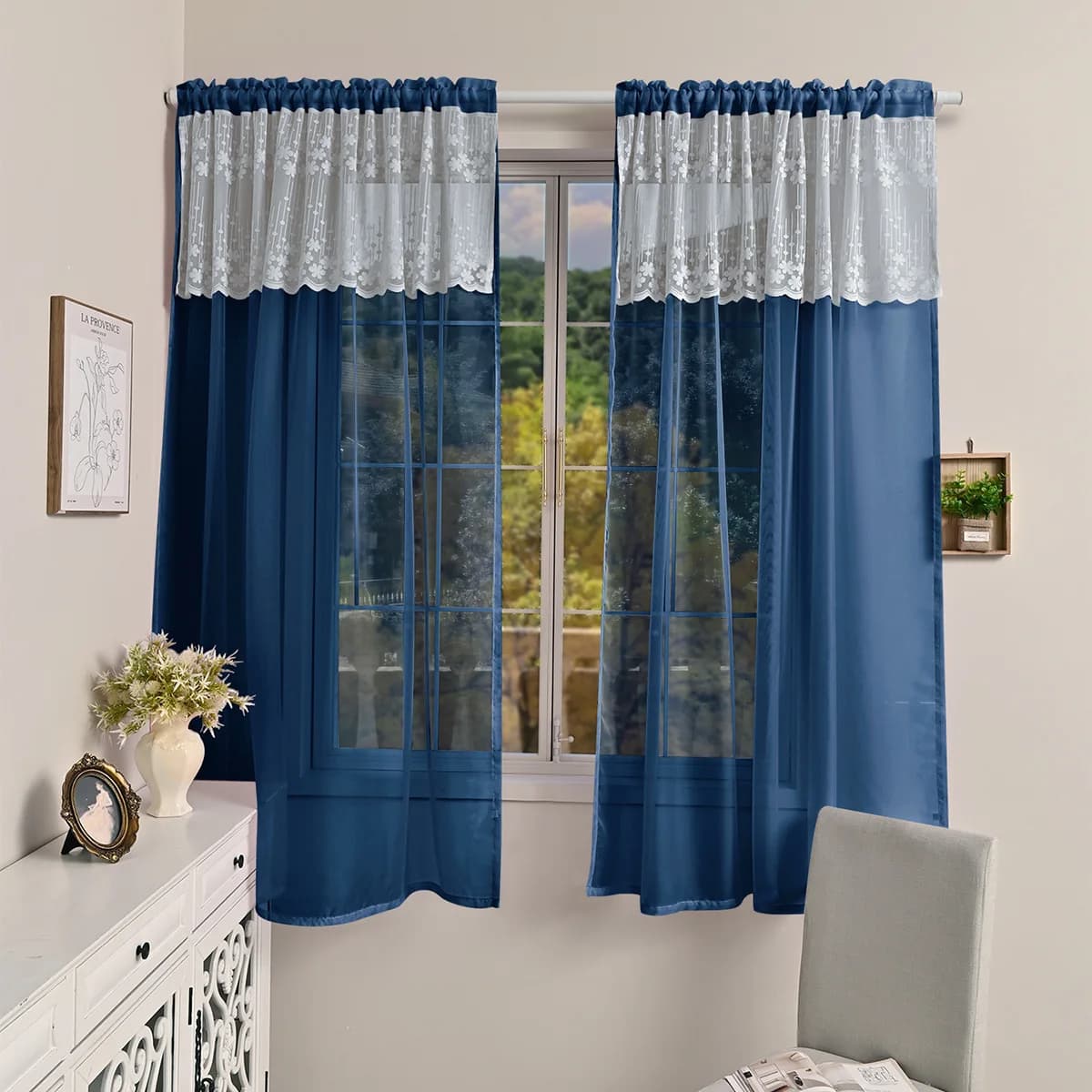 Rideaux Transparents Noirs avec Dentelle Blanche pour Salon et Chambre à Coucher, 2 Panneaux, Style