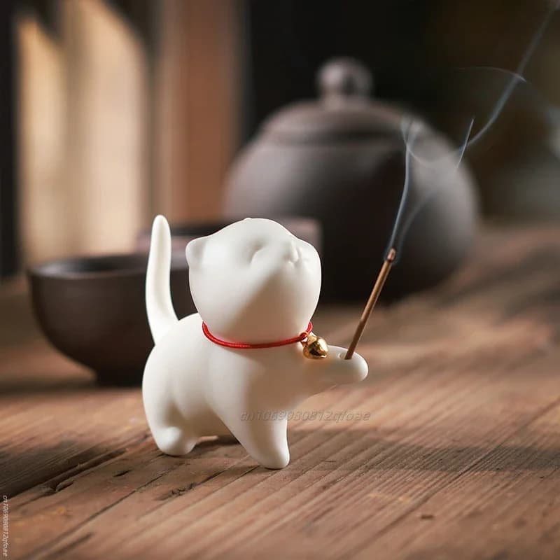 Brûleur d'encens chat mignon, porte-bâton, ligne bouddhiste, plaque d'encens, Base de bobine en bois