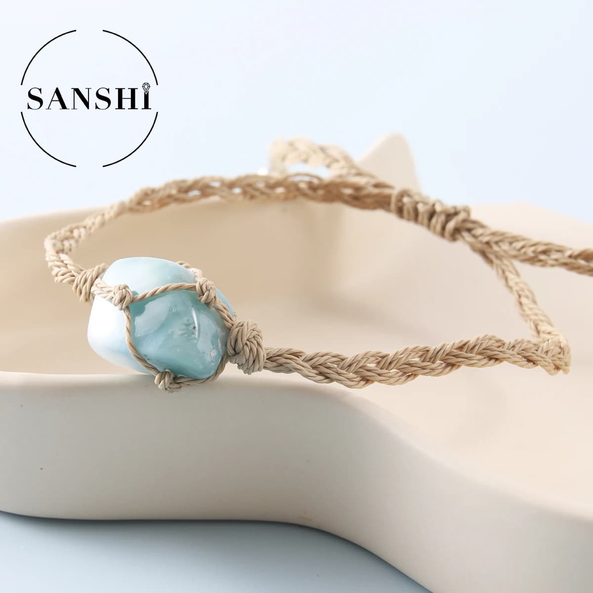 Bracelet en pierre naturelle tissée à la main, Style vacances à la plage, bleu, pour Couple, unisexe
