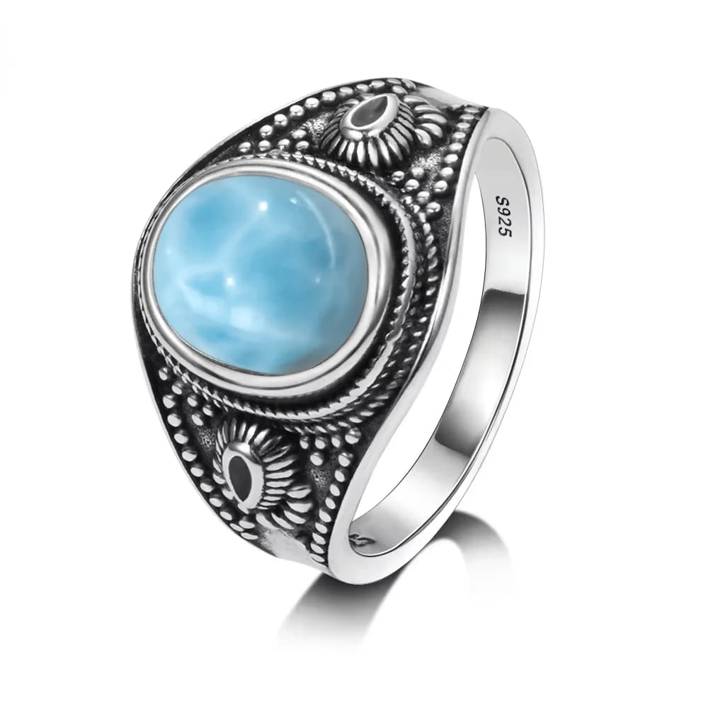 Bague vintage en argent 925 avec pierre de larimar naturelle, forme ronde fleurie, bleu ciel, bague