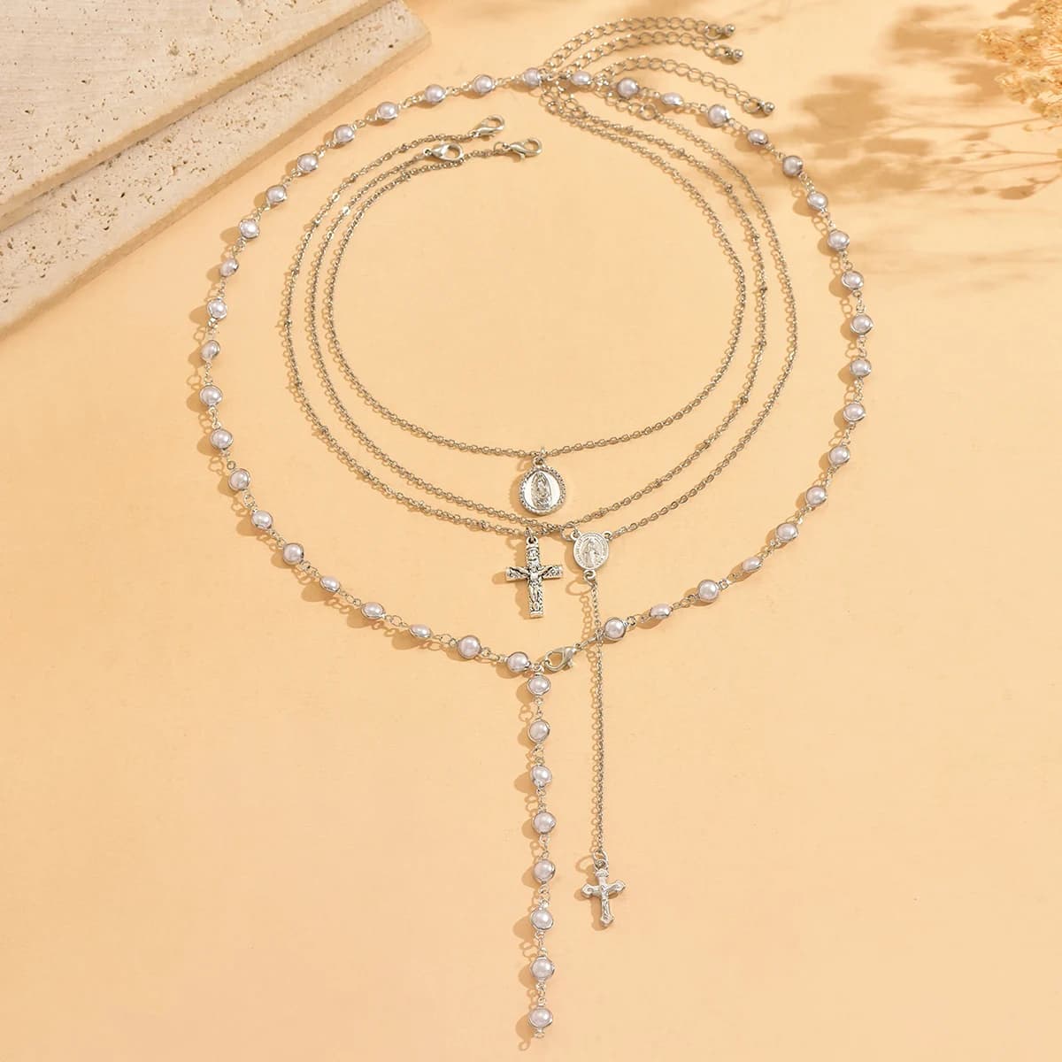 Collier ras-de-cou superposé avec croix, pendentif Marie vintage en or et argent, perles, bijou Y La