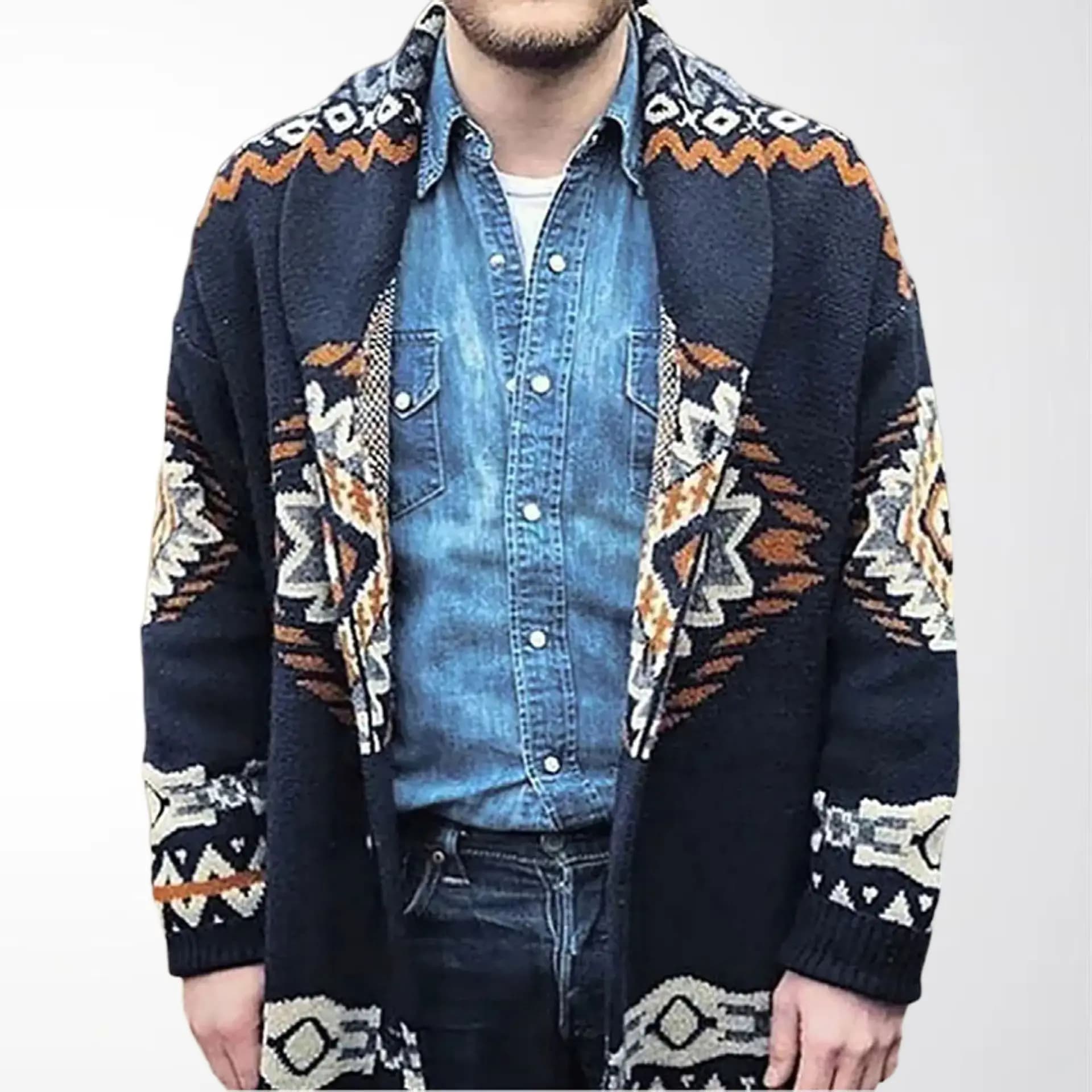Cardigan à lacets rayé vintage pour hommes, pulls épais avec boutons, pull jacquard, combinaison mi-