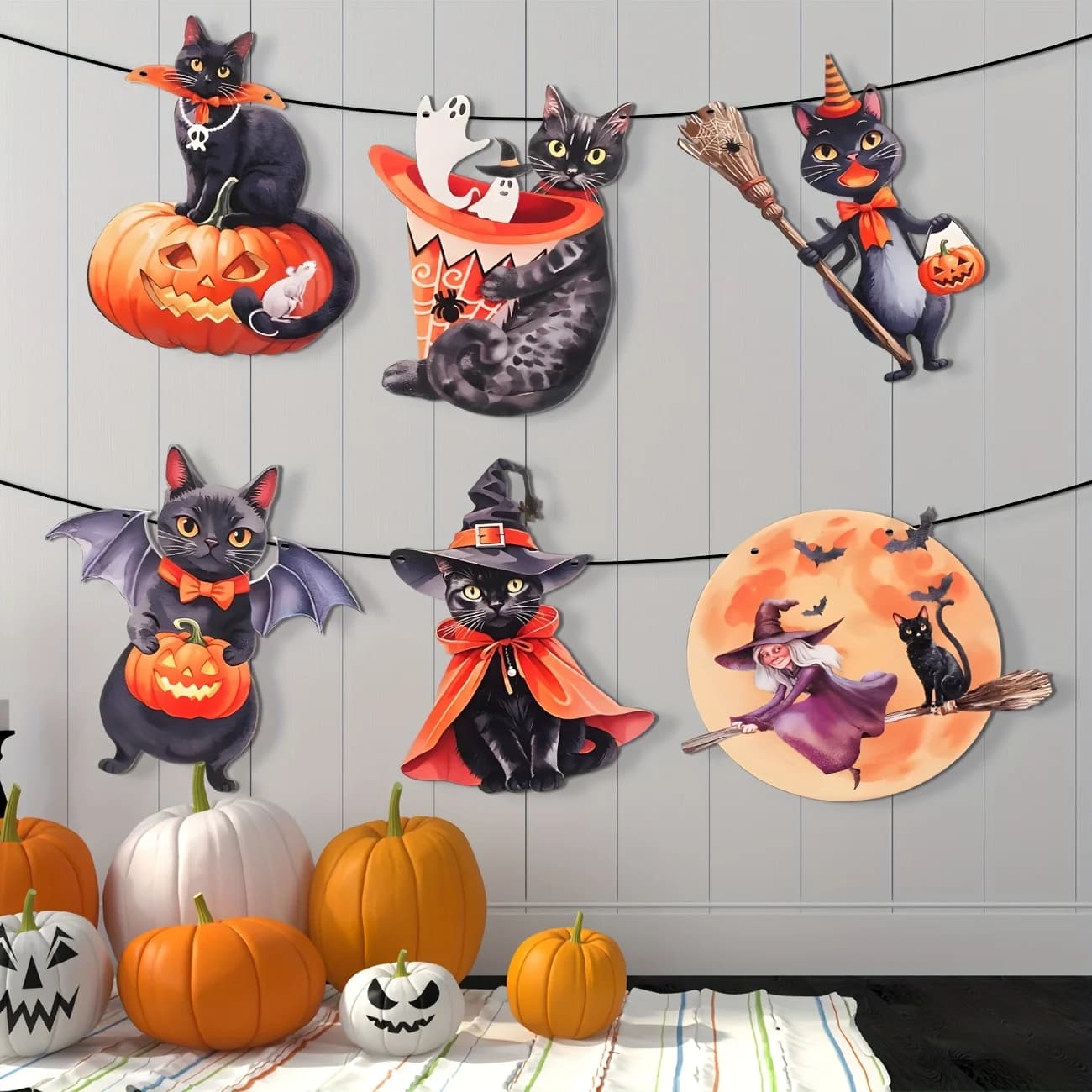 Décorations de bannière de fête d'halloween, guirlande de chat noir Vintage, grandes décorations sus