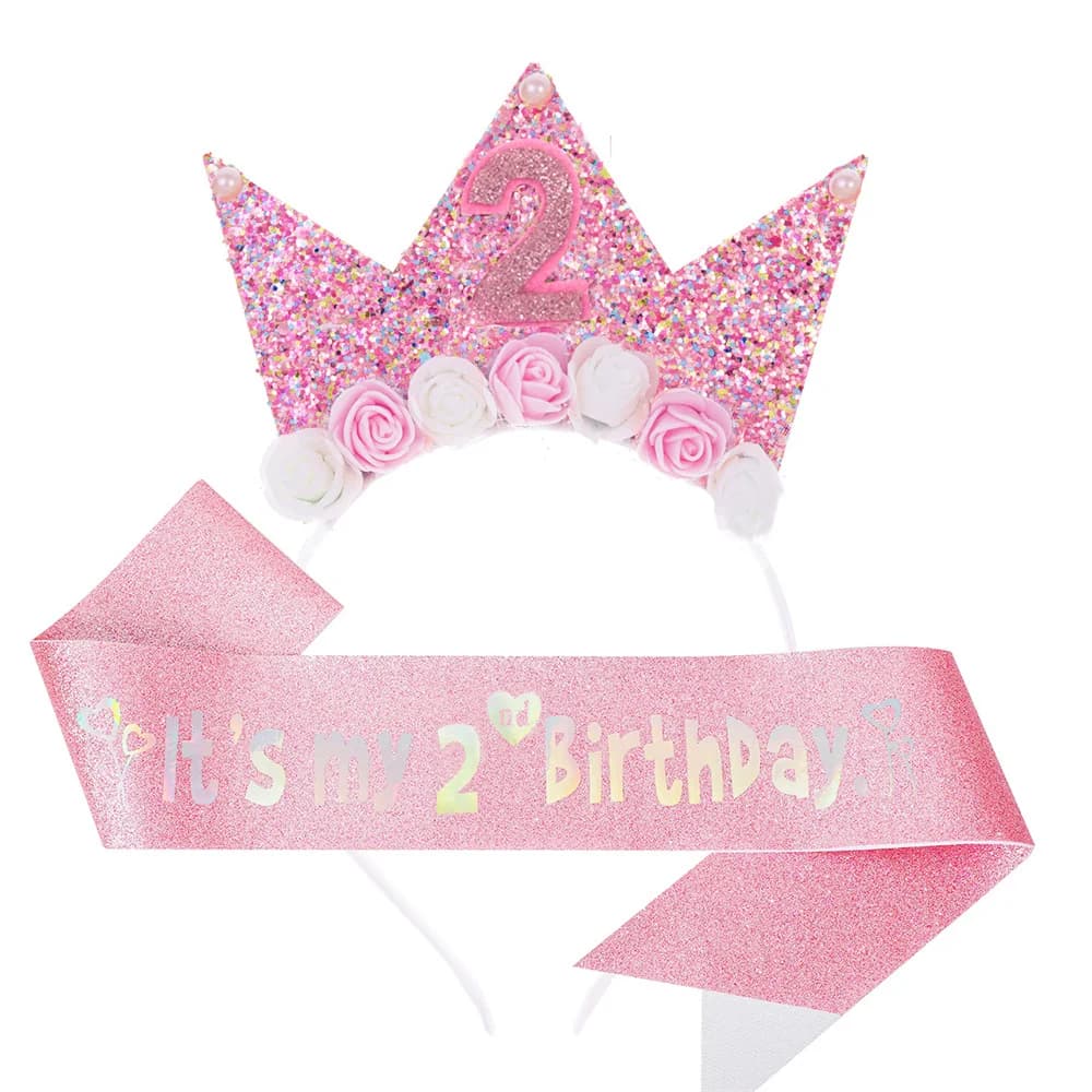 Décoration d'anniversaire rose pour enfants, bandeau à paillettes, ruban de princesse, couronne de f