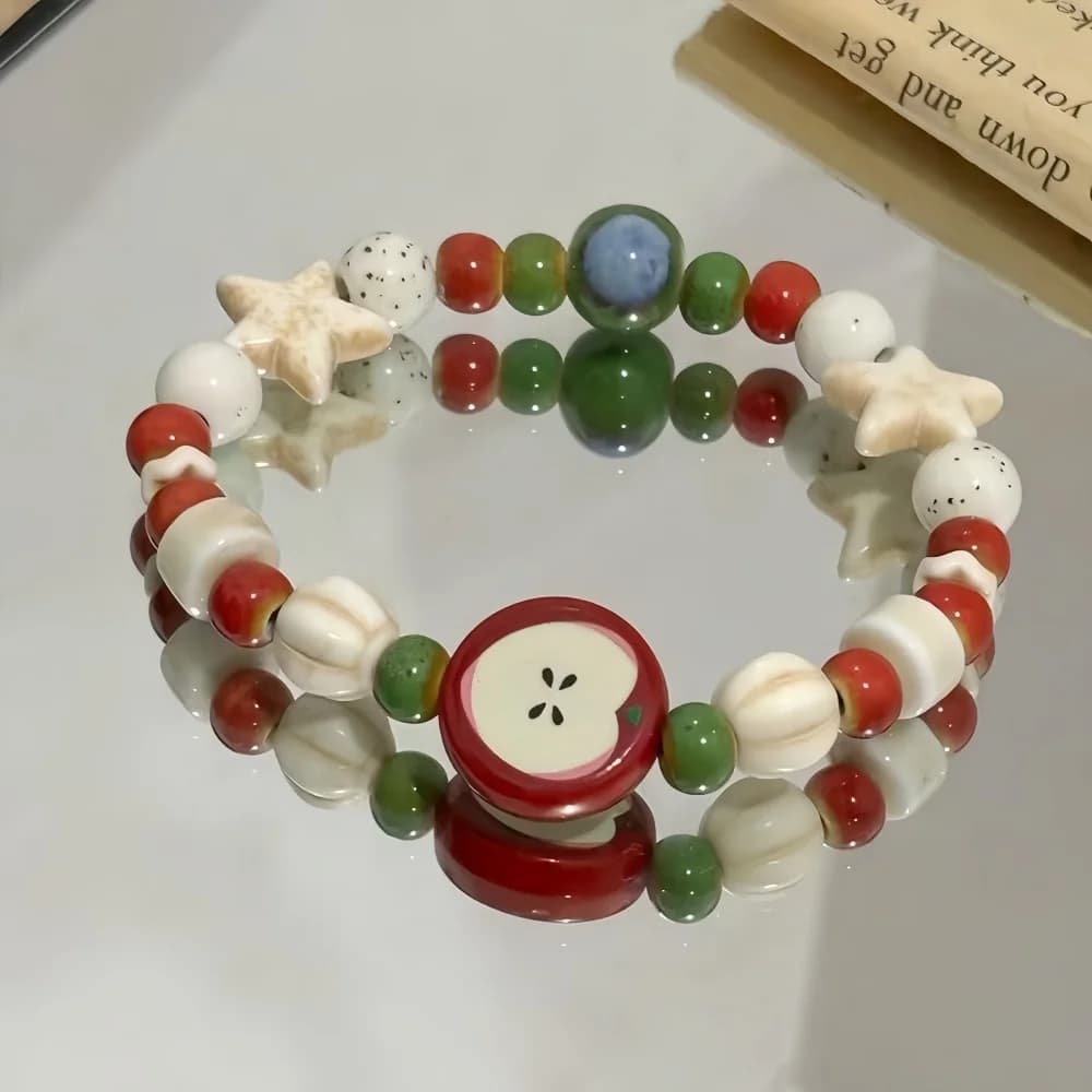 Bracelet de perles en céramique imitation pomme rétro pour femmes, couleur mignonne, étoile mixte, D