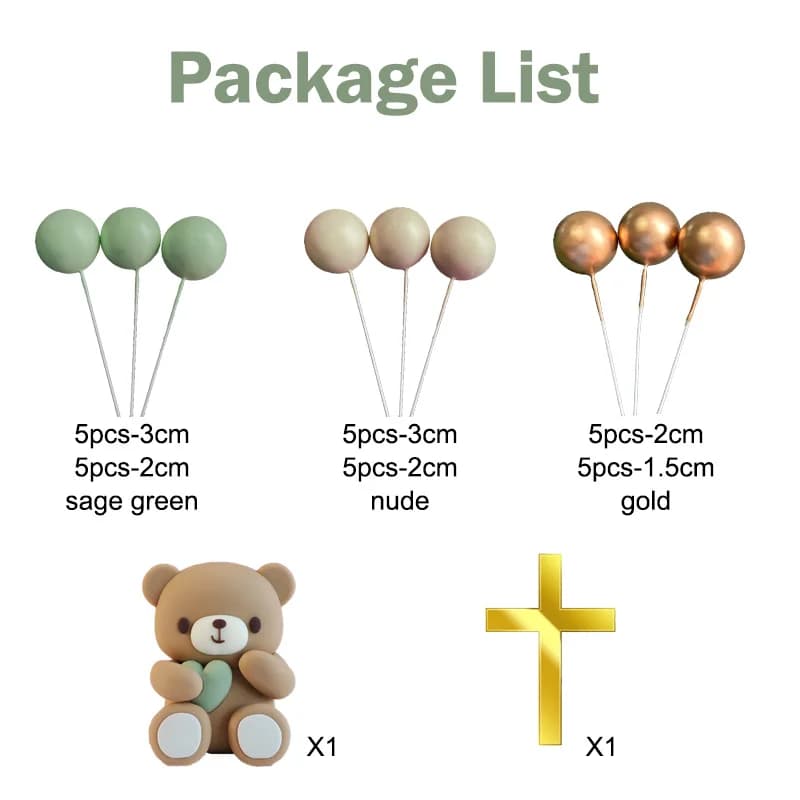 Décoration de gâteau boule verte sauge nue, ours en peluche, décoration de gâteau en croix, décorati
