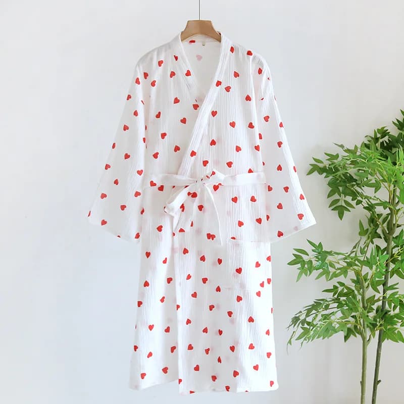 Peignoir en gaze de coton pour femmes, Robes de printemps et d'été, mignon, doux, amour, cœur imprim