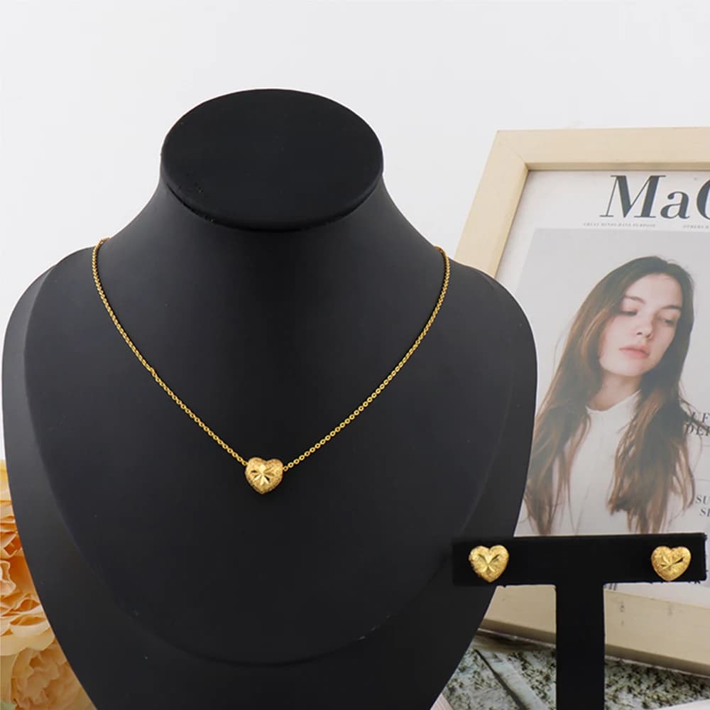 Parure de bijoux exquise couleur or pour fête, boucles d'oreilles clous cœur et chaîne pendentif, pa