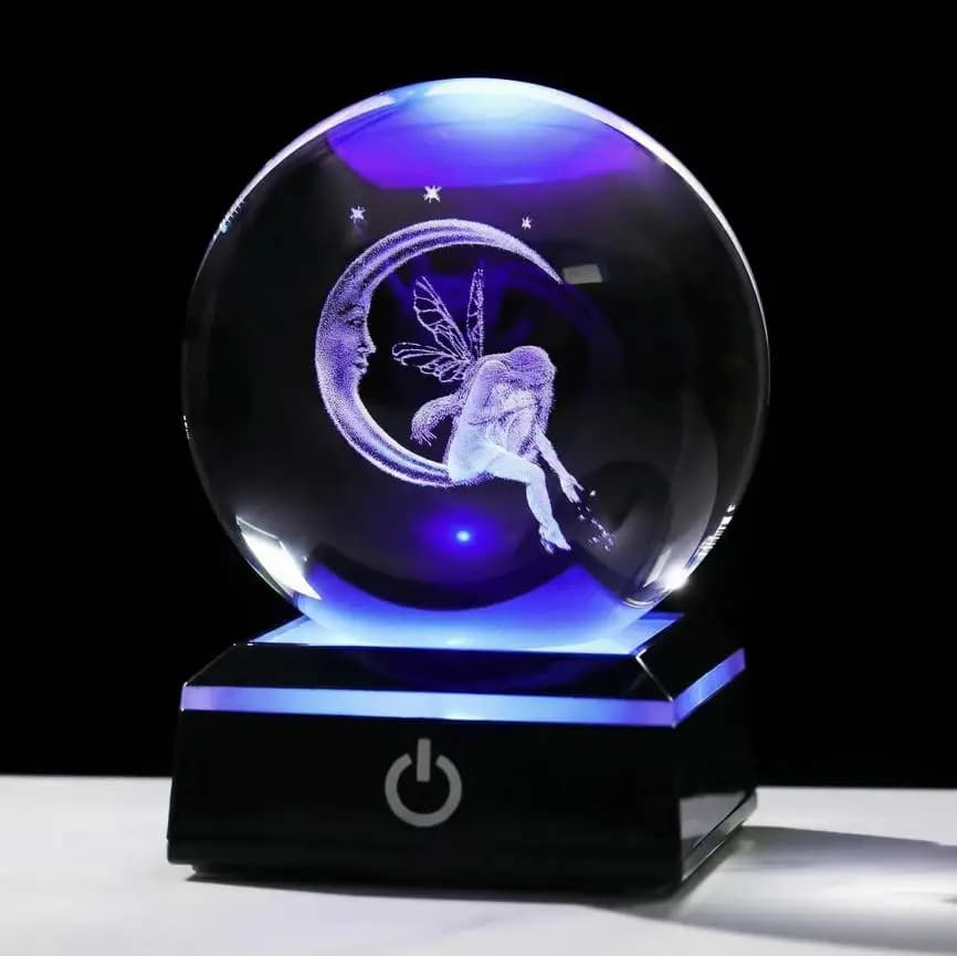 Boule de cristal 3D gravée Fée et Lune, cadeaux pour fille et femme, sphère en verre avec base LED c