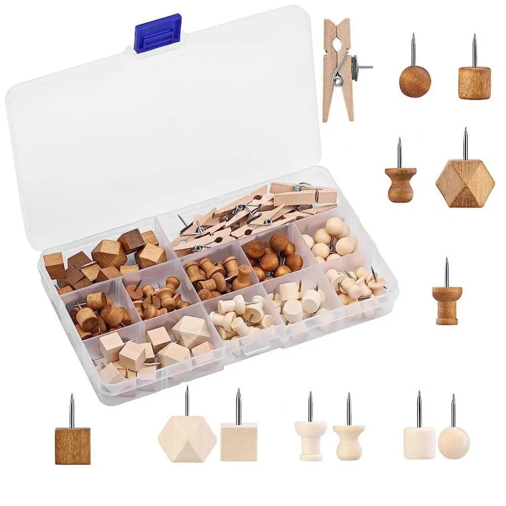 Punaises décoratives en bois avec boîte de rangement, 114 pièces, punaises à dessin, différents styl