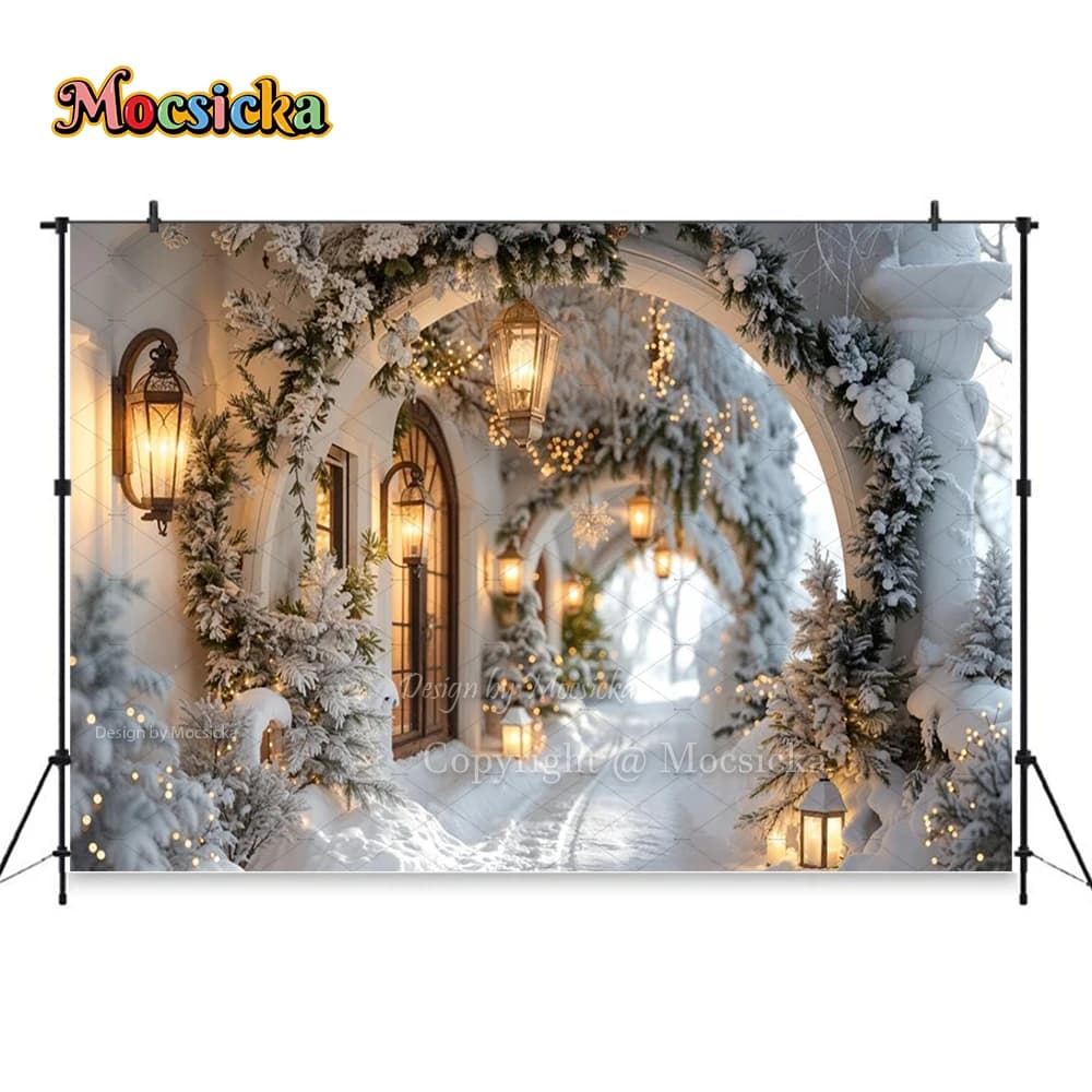 Arrière-Plan Vintage à Fleurs Blanches pour Photographie de Noël, Décor d'Arche, Couloir, Neige d'Hi