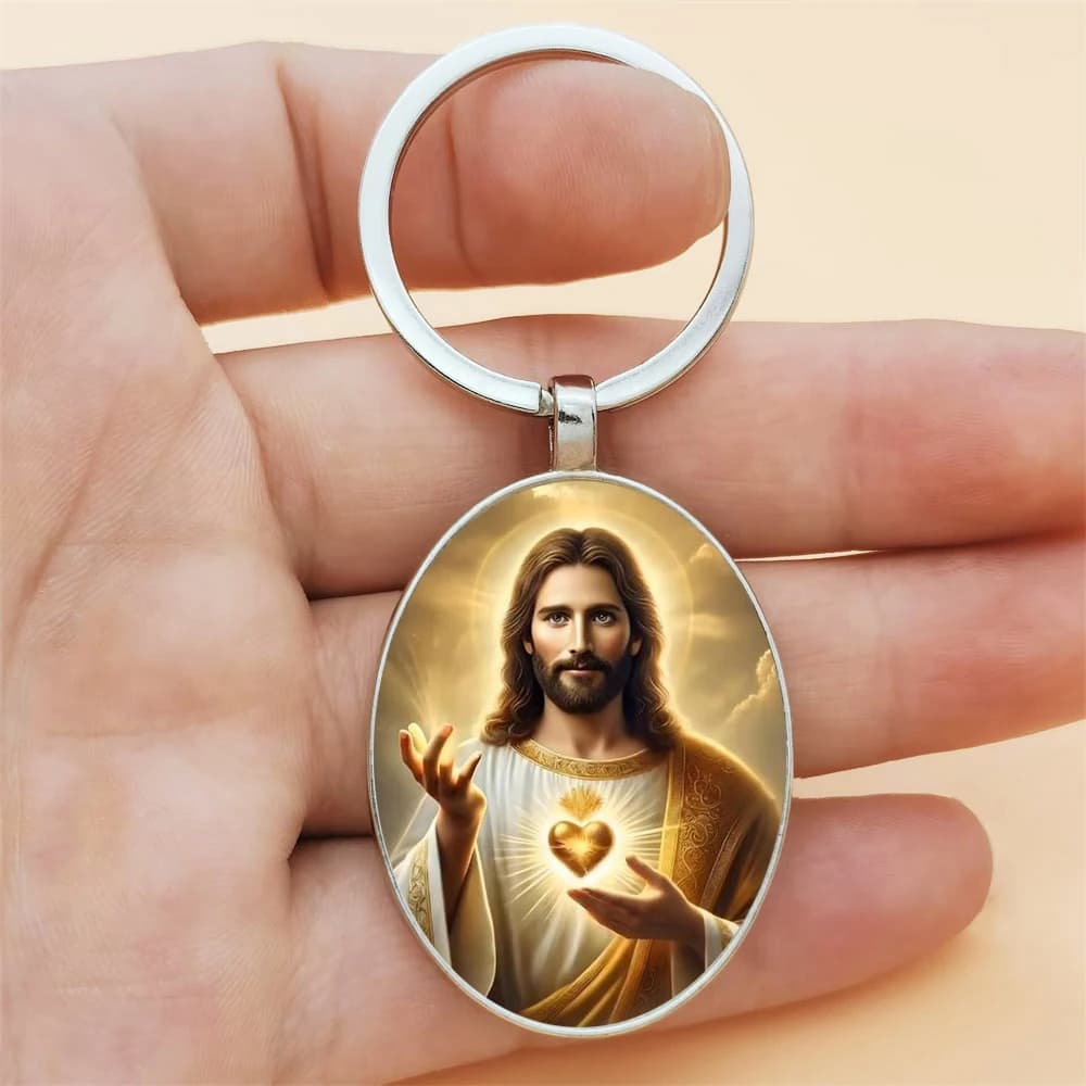 Porte-clés Saint Cœur de Jésus Lumière Sacrée, Pendentif Elliptique Pierre du Temps, Bijoux de Famil