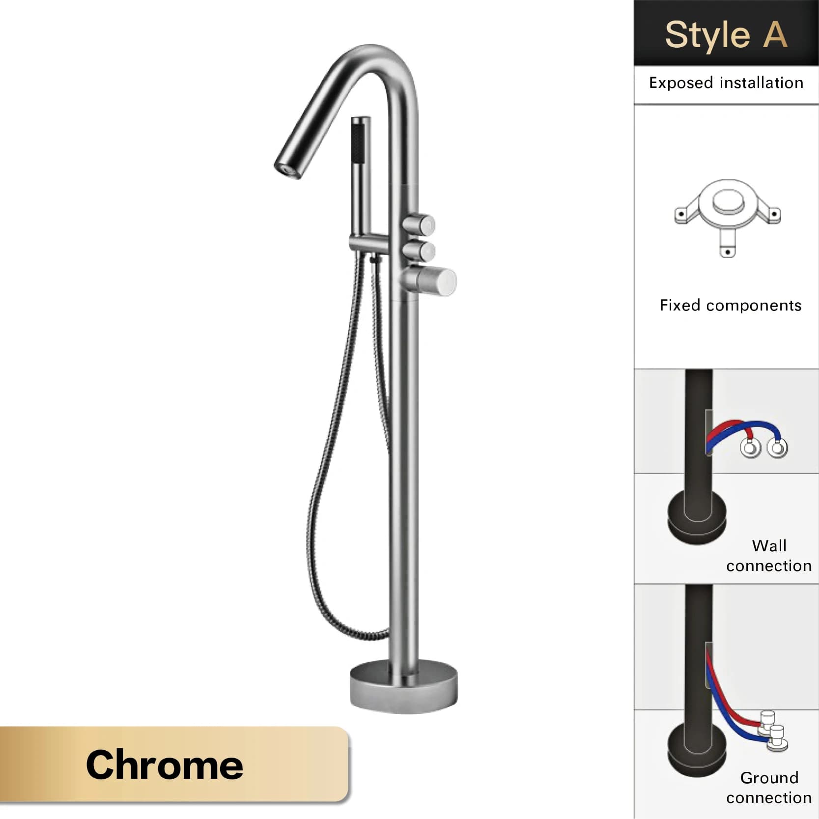 Robinet de salle de bain de luxe AITNA en laiton doré, design sur pied, monocommande eau chaude et f
