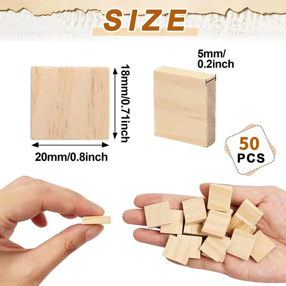 Chips de bois carrées 2x1.8 cm, 50 pièces, modèle de construction en bois, matériaux faits à la main