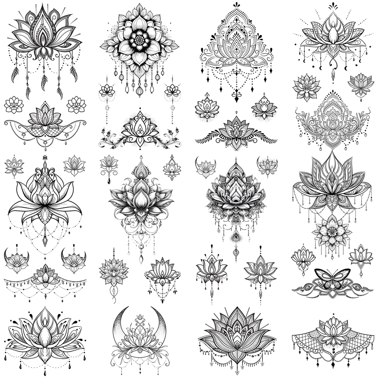 Tatouages temporaires de Lotus noir Sexy, 10 feuilles, pour femmes mariées de mariage, faux bijoux t
