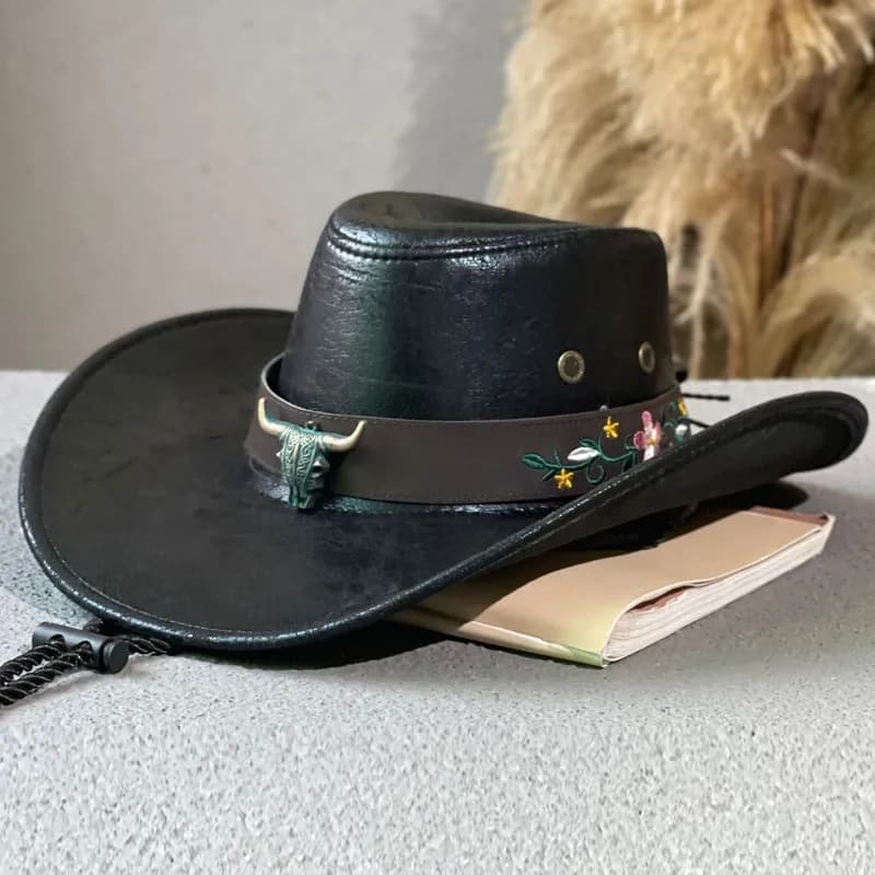Chapeau de Cowboy occidental en Faux cuir pour hommes, décoration tête de vache à la mode, chapeaux 