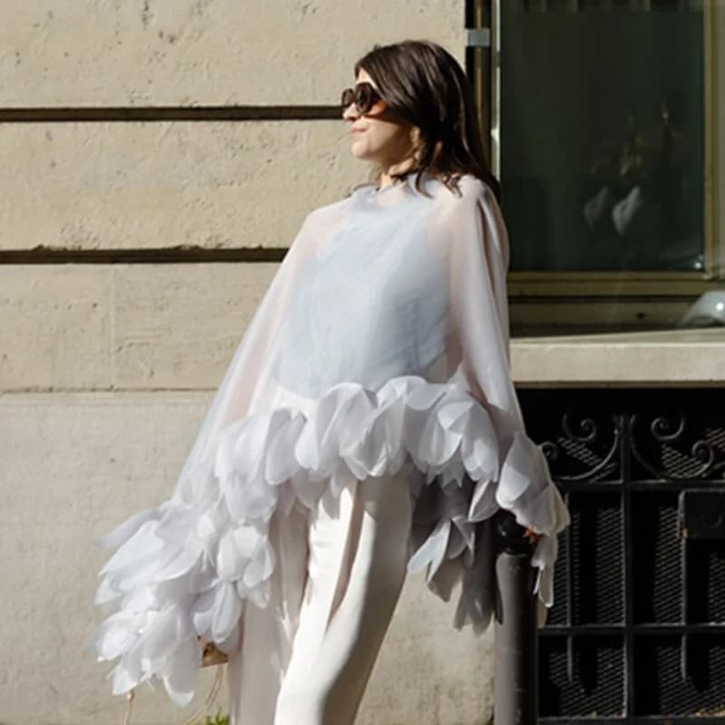 Chemisier transparent romantique à fleurs avec bordure de pétales, coupe ample, pour femme, style vi