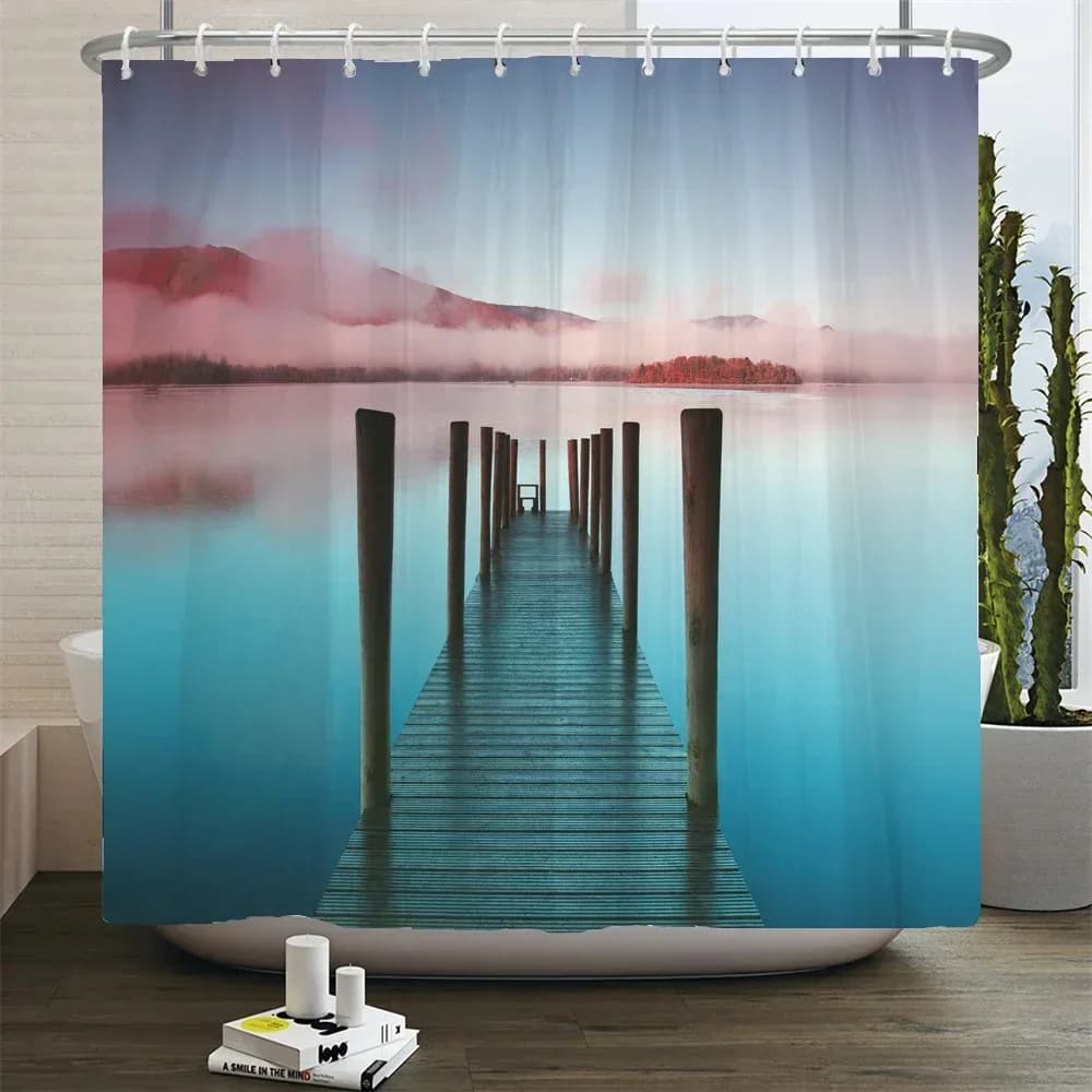 Rideau de douche en Polyester imprimé 3d, paysage de bord de mer, pont en bois, tissu naturel, ridea