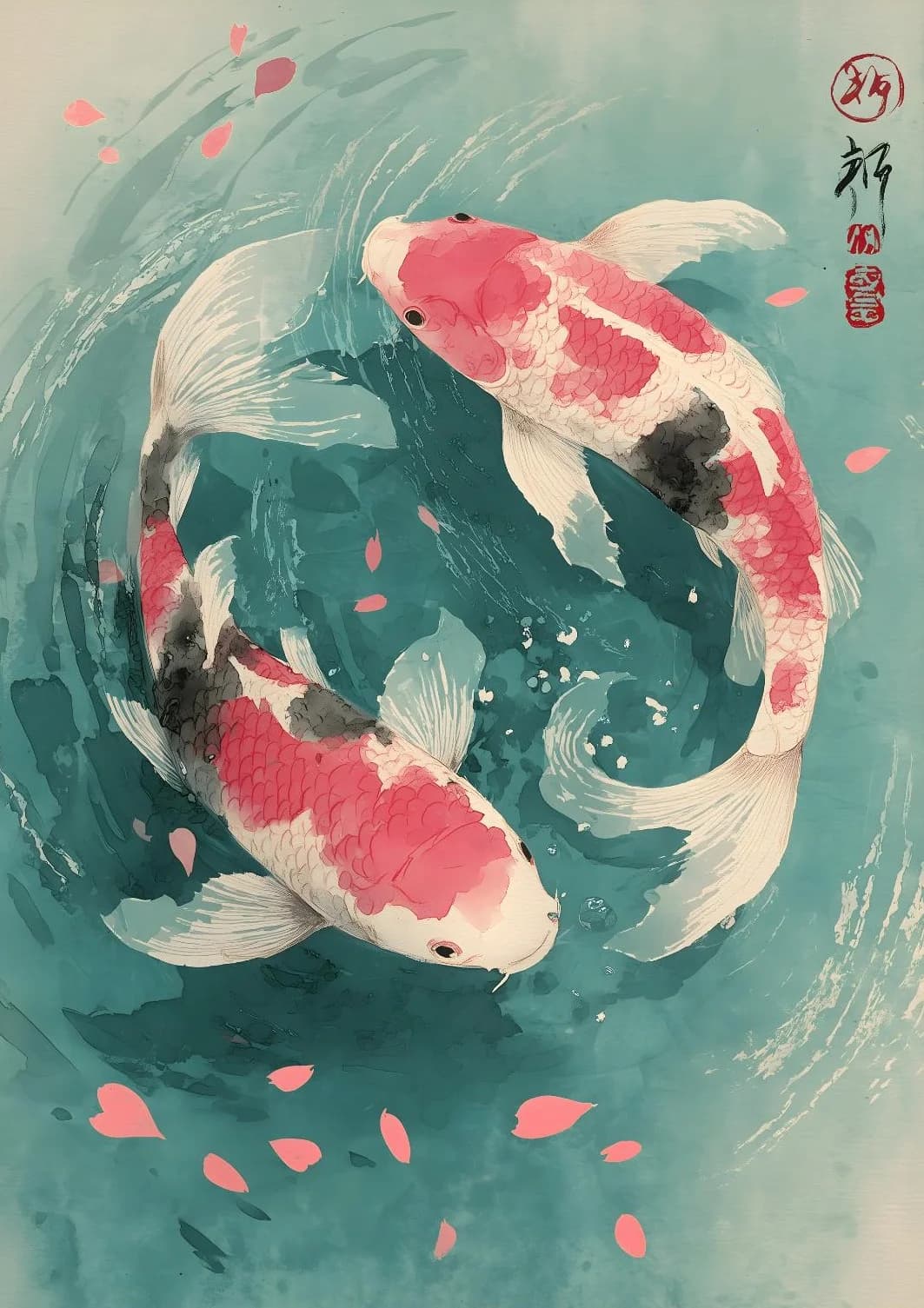 Affiche de poisson Koi émeraude d'étang japonais, aquarelle Zen Tranquil Zen Feng Shui, peinture sur