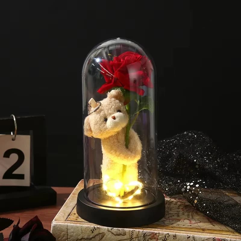 Rose éternelle en dôme de verre, fleur artificielle avec ours, accessoires de bureau, cadeaux de noë