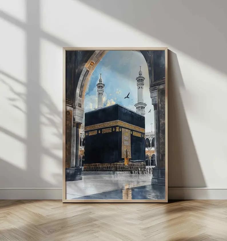 AZNM Tableau mural sur toile Aquarelle Lieux religieux islamiques Kaaba Dôme du Rocher Mosquée du Pr