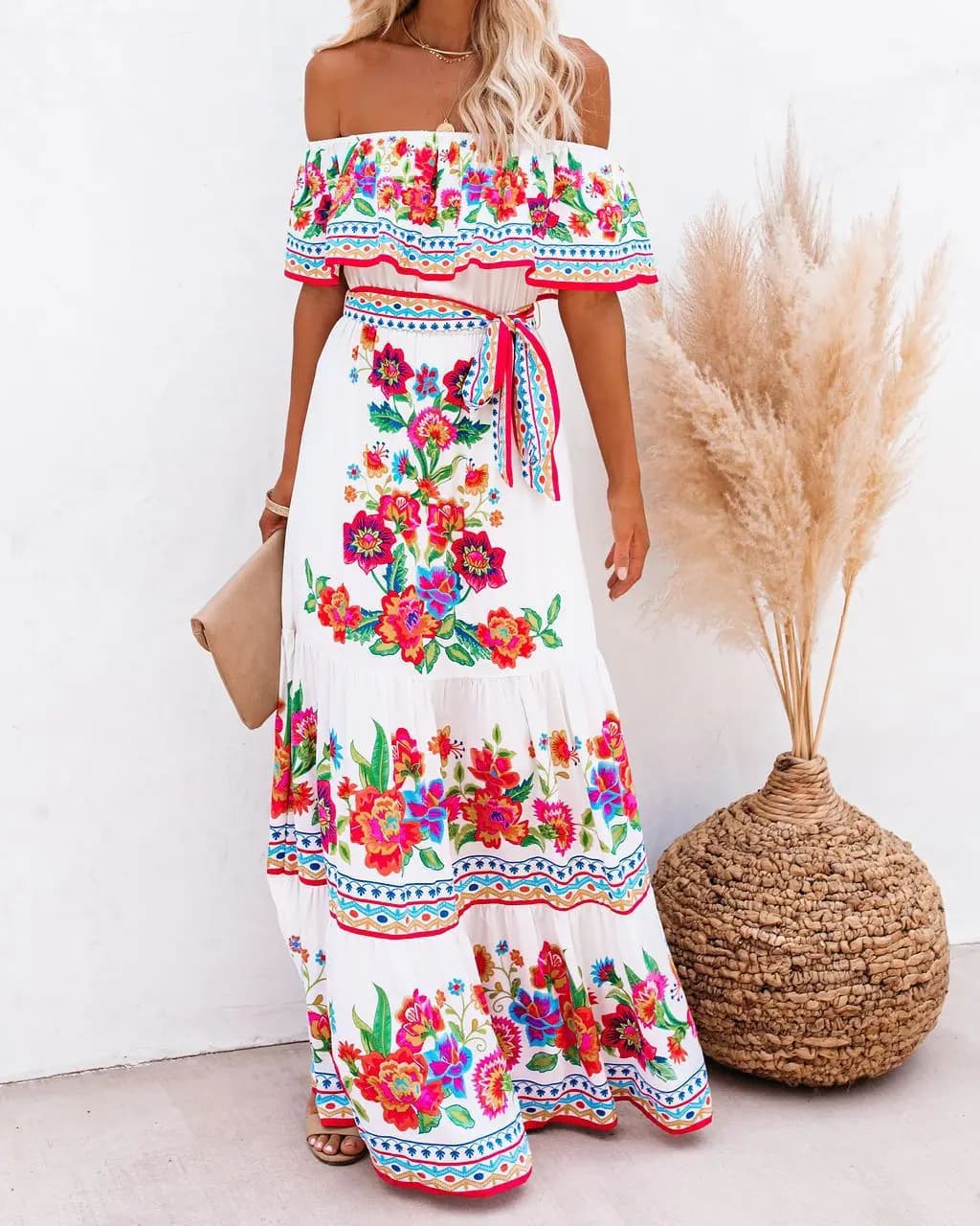 Wein femme fleur coloré une épaule rouge imprimé fleuri robe Maxi femme jupe d'été dame loisirs robe