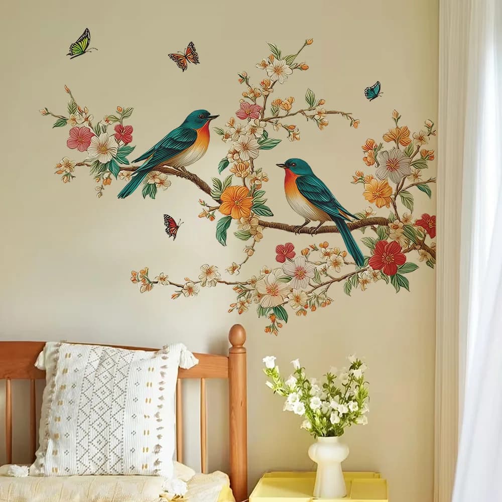 Autocollant mural style chinois avec fleurs, branches et oiseaux, décoration de fond pour salon, cha
