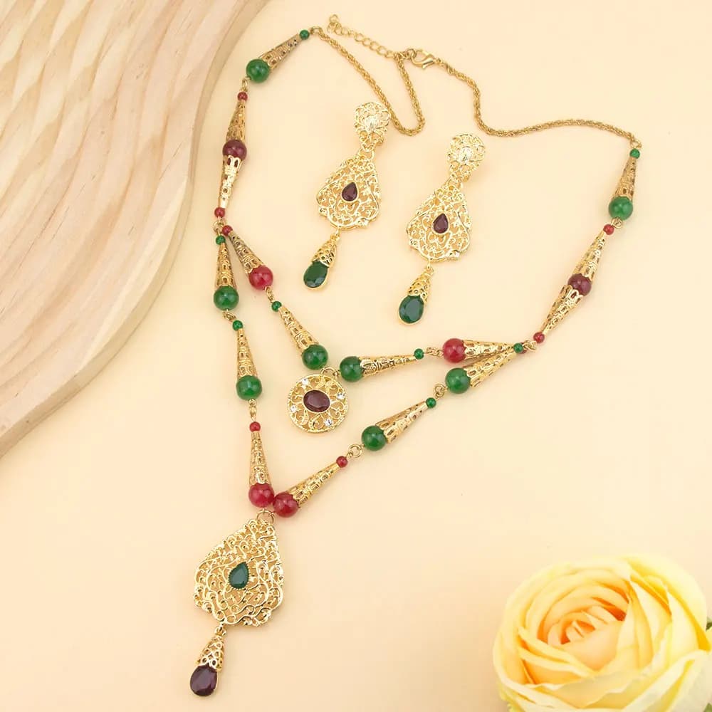 Collier de perles marocaines Chic, chaîne Double couche, Bijoux de mariée arabes, ensembles de boucl