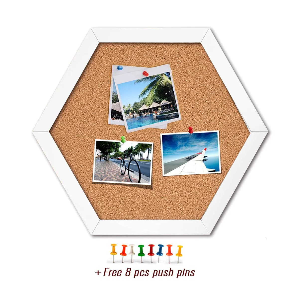 Tableau en liège avec cadre en bois blanc, planches à broches hexagonales équilatérales, carte posta